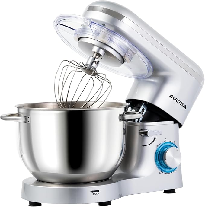 Aucma Stand Mixer, 6.2L Food Mixer 1400W Tilt-Head Electric Kitchen Mixer with Dough Hook, Wire Whip & Beater (6.2L, Shinny Silver)