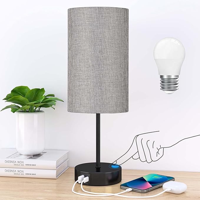 Bedside Lamps, Touch Lamps Bedside with USB A+C Charging Ports, 3-Way Dimmable LED, Table Lamps for Living Room Bedroom Gift with Gray Shade-Black Base (LED Bulb Included)[Energy Class E]