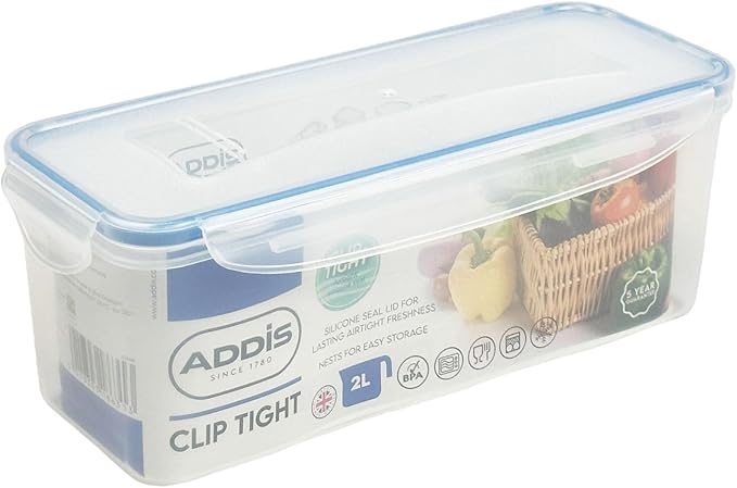 Addis Clip Tight Food Storage Container 2 Litre Narrow Rectangle Airtight Silicone Seal Containers Bpa Free Easy Locking Lid Clips, Clear Transparent