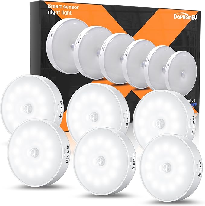 Motion Sensor Lights Indoor,6 Pack Wireless USB Rechargeable Cupboard Lights,Stick on Wall Night Light,Battery Operated for Stair Wardrobe Corridors Closet Under Cabinet Kitchen Puck Lights[Energy Class A]
