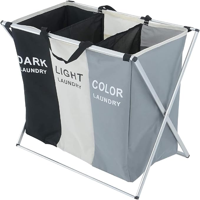 Foldable Laundry Basket Laundry Organiser Washable Large Washing Basket Folding Washing Storage Bin with 3 Compartment for Bathroom Bedroom Home College