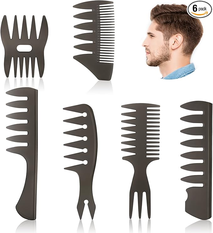 URAQT Mens Styling Set, 6pc Wide Tooth Hair Comb, Pompadour & Curl Wet Comb, Anti-Static for Men & Ladies