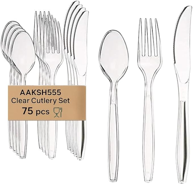 Pack of 75 | Reusable Plastic Cutlery Set [25 Forks, 25 Knives, 25 Spoons] – Durable, Washable | Premium Quality Clear Mix Cutlery for Home, Parties, Events and Everyday Use