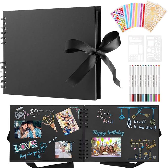 Photo Album Scrapbook - 80 Page DIY Memory Book with 12 Metallic Pens & 8 Photo Stickers, Holds 420 Photos - Scrapbook Kit, Perfect for Writing, Drawing, and Storing Memories(Black)