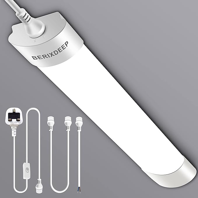 1.3ft LED Batten Light 6500K Daylight, Linkable Plug in Strip Light for Garage, Workshop, Office, Wall, Kitchen, Shed, IP65 Plug in Ceiling Light, 18W[Energy Class E]