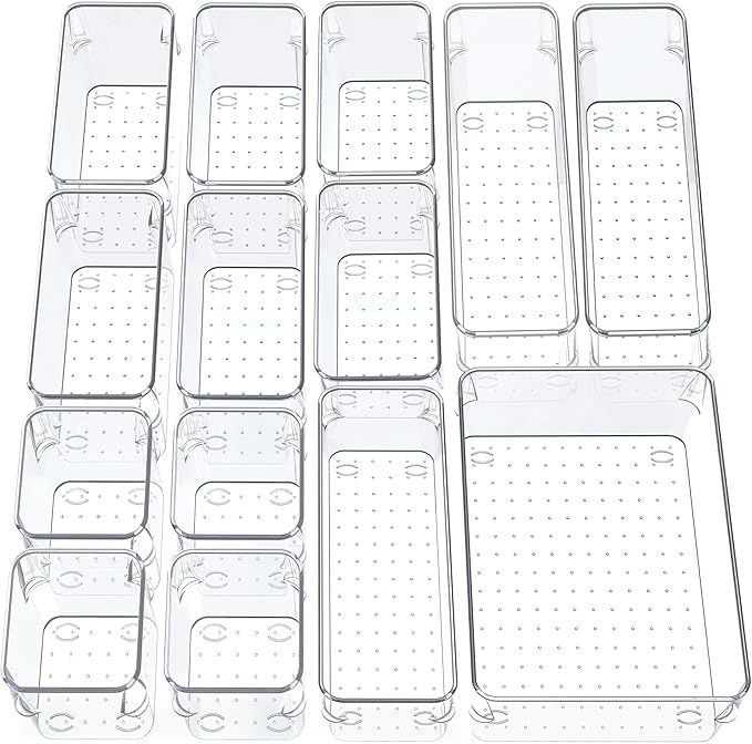 14 Pcs Clear Drawer Organiser with 4 sizes Desk Organizer ideal for organizing, cosmetics, makeup, jewelry, office supplies, bathroom accessories & much more