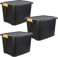 DANIEL JAMES Housewares Heavy Duty Storage Box with Lid - Large Plastic Stackable Storage Boxes with Clip Handles - Lockable BPA Free Indoor Outdoor Garage Storage Trunk Box - 3 Pack, Black, 42l