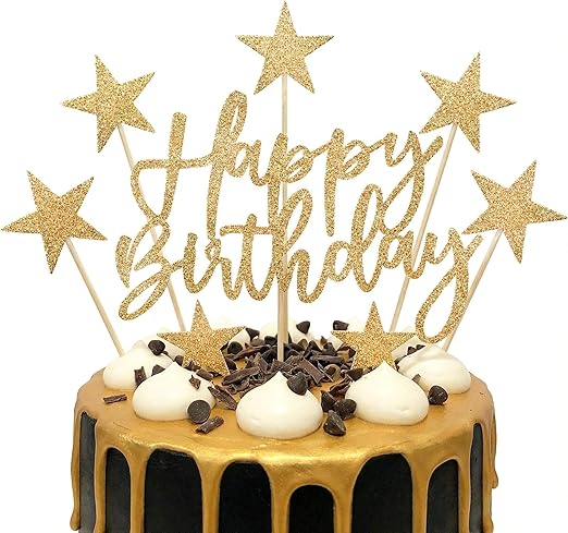 Gold Happy Birthday Cake Topper Set - Glitter Cardstock Cake Decorations with Stars - Reusable Party Supplies for Men, Women, Boys & Girls - Elegant Sparkle Decor for Cupcakes & Birthday Cakes (Gold)