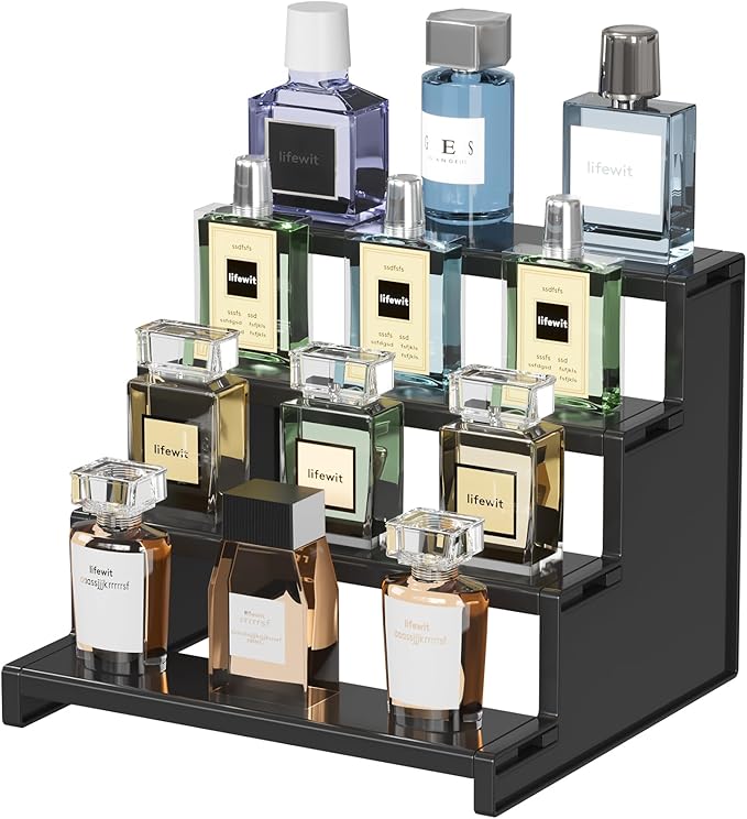 Lifewit 9 Inch Cologne Display Stand, 4 Tier Plastic Perfume Riser, Display Shelf for Aftershave, Fragrance, Skincare, Makeup, Vanity Storage, 1 Pack Black