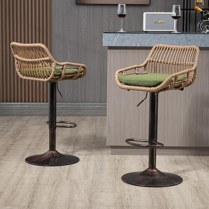 QQU Bar Stools Set of 2, Swivel Counter Height Barstools, Adjustable Wicker Bar Stool with Cushion & Floor Protectors, Modern Kitchen Breakfast BarStools for Kitchen Island, Dining Room (Green)