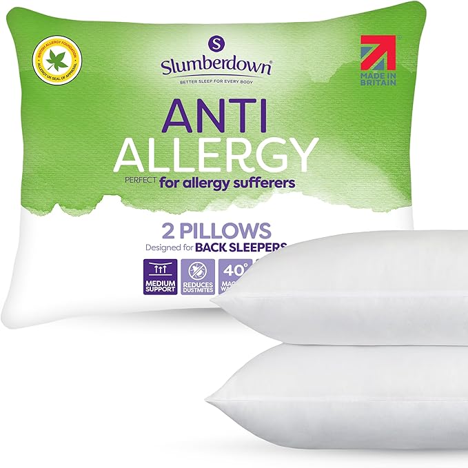 Slumberdown Anti Allergy Pillows 2 Pack - Allergy UK Approved Medium Support Back Sleeper Pillows for Allergy Sufferers | Anti Bacterial Cover, UK-Made & Washable (48 x 74cm)