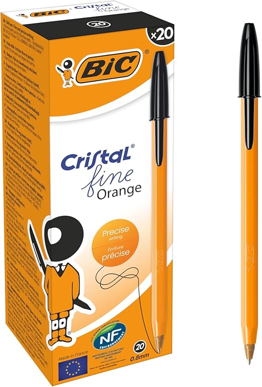Bic Orange Fine Ballpoint Pens, Fine Point (0.8 mm), Blank Ink, Box of 20 - Writing Pens with Long-Lasting Ink, Black