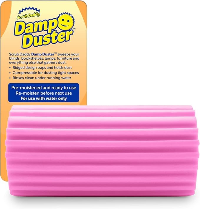 Scrub Daddy Damp Duster, Multipurpose Dusters for Cleaning - Wooden & Venetian Blind Cleaner Tool, Ridged Wet Dust Sponge for Skirting Board, Radiator, Blinds & Mirrors, Home Cleaning Products, Pink