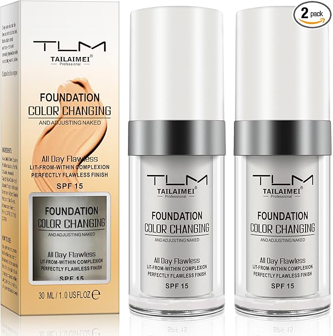 Colour Changing Foundation, 2Pack Flawless Color Changing Foundation Makeup Base Moisturizing Liquid Foundation for Women, Concealer Cover, Sunscreen, Naturally,Non-Greasy,Long Lasting