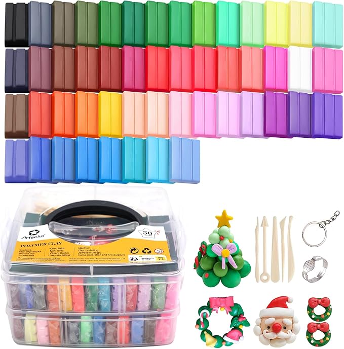 Artecho Polymer Clay Set, 50 Colors Modeling Clay Kit with 5pcs Clay Sculpting Tools and Accessories for DIY, Oven Bake Clay, Crafts Gift for Beginners/Adults