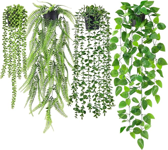 Der Rose 4 Pack Fake Plants Artificial Plants Indoor Hanging with Pots Artificial Ivy Vine Faux Eucalyptus Hanging Plants, Boston Fern, String of Pearls for Home Room Wall Shelf Indoor Outdoor Decor