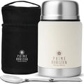 Prime Horizon Food Flask - 500ml Stainless Steel Vacuum Double Wall Jar with Folding Spoon, Leakproof and BPA Free. Free Insulated Travel Bag with Carabiner and Gift Box (Cream)
