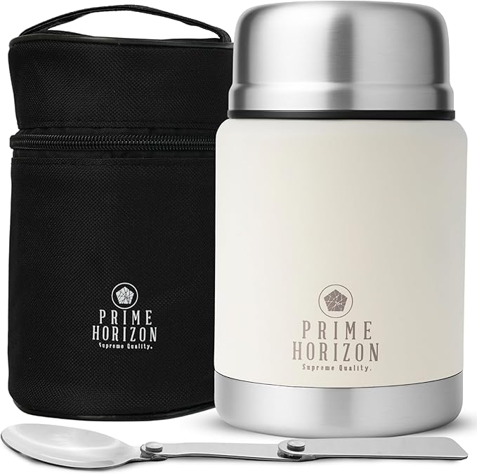 Prime Horizon Food Flask - 500ml Stainless Steel Vacuum Double Wall Jar with Folding Spoon, Leakproof and BPA Free. Free Insulated Travel Bag with Carabiner and Gift Box (Cream)