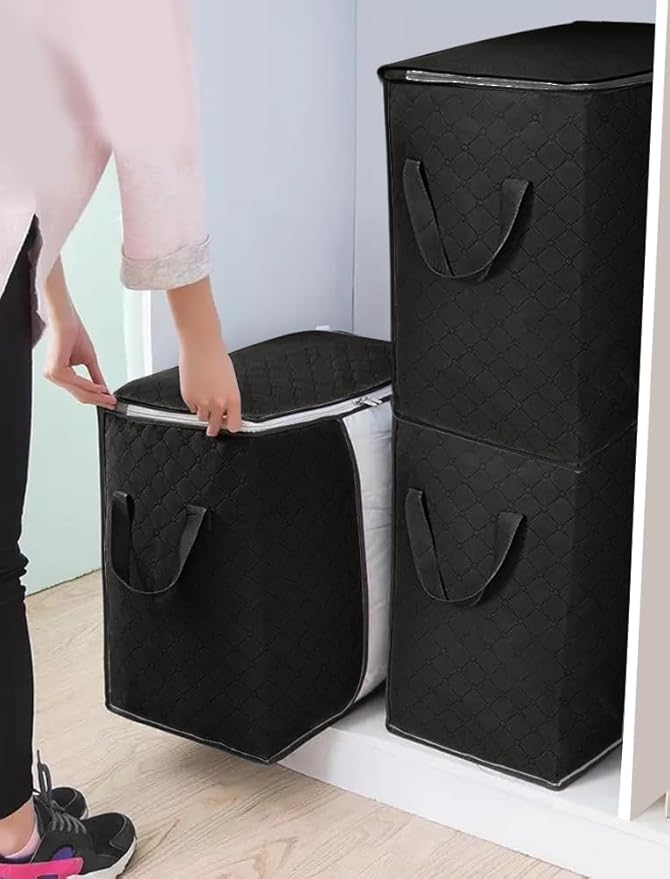 3 Pack Heavy Duty Zippered Storage Bags Waterproof Moving Travel Bags Foldable Reinforced Handles for Clothes, Bedding, Blankets, Space Saving, Vertical Style, Black