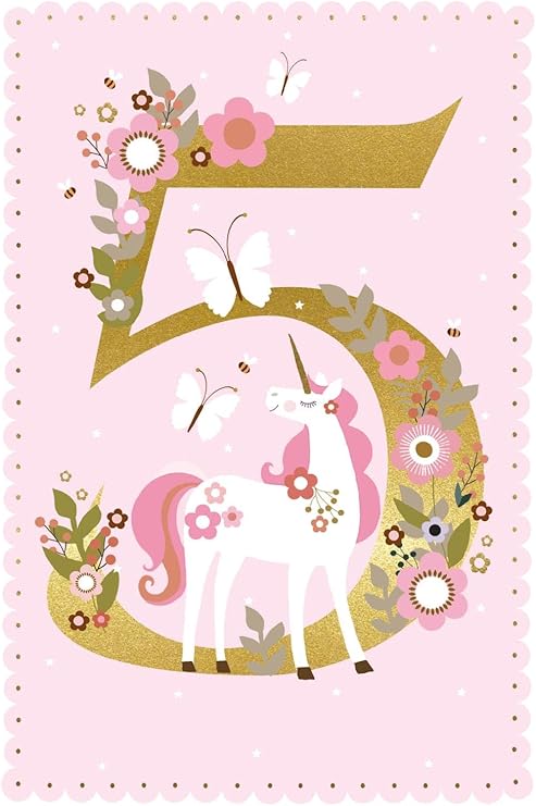 Nigel Quiney Girls 5th Birthday Card - Age 5 - Unicorn & Flowers with Gold Foil - Eco-Friendly & Recyclable - Made in Britain
