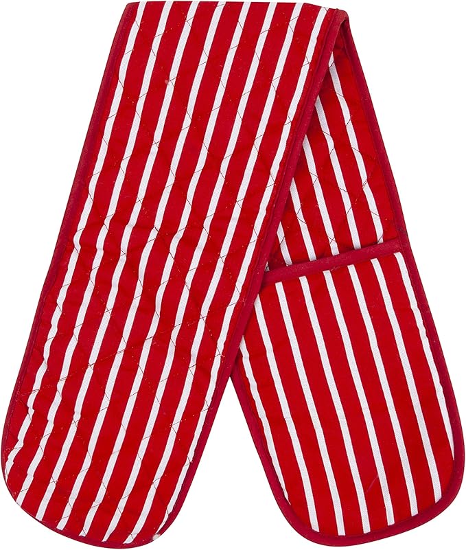 Butcher Stripe Double Oven Gloves Quilted Heavy Duty Cooking Potholder Heat Resistant Mitt 18x90cm (Red)