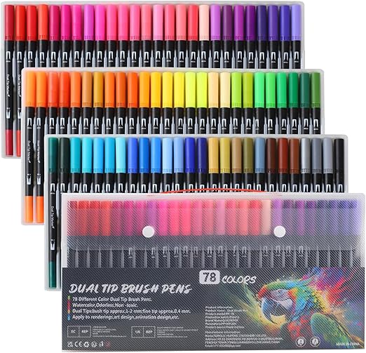 78 Colours Dual Tip Brush Pens Art Markers for Adults, Fineliners Felt Colouring Pens for Adult Colouring Books Calligraphy Drawing Sketching