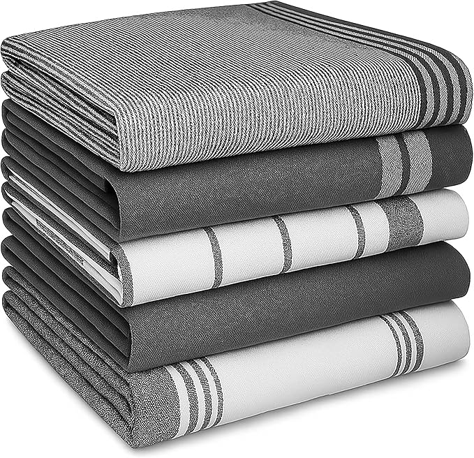 Premium Kitchen Tea Towels Set of 5 – Eco-Friendly 100% Cotton Hotel Quality Kitchen Towels Ultra Absorbent & Lint Free, Quick Drying Dish Cloth, 70 x 50 cm (Grey)