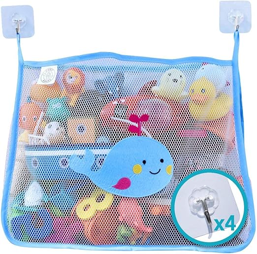 Baby Bath Toy Bag for Bath Toys Large Organiser Bathroom Storage Net with 4 Waterproof Self Adhesive Hooks (Blue)