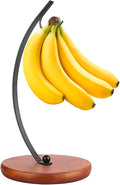 Banana Holder Stand - Modern Banana Hanger Hook, Fruit Bowl, Banana Tree Hanger with Bold Stainless Steel & Thickened Wood Base, Banana Rack for Kitchen Counter (BlackV13)
