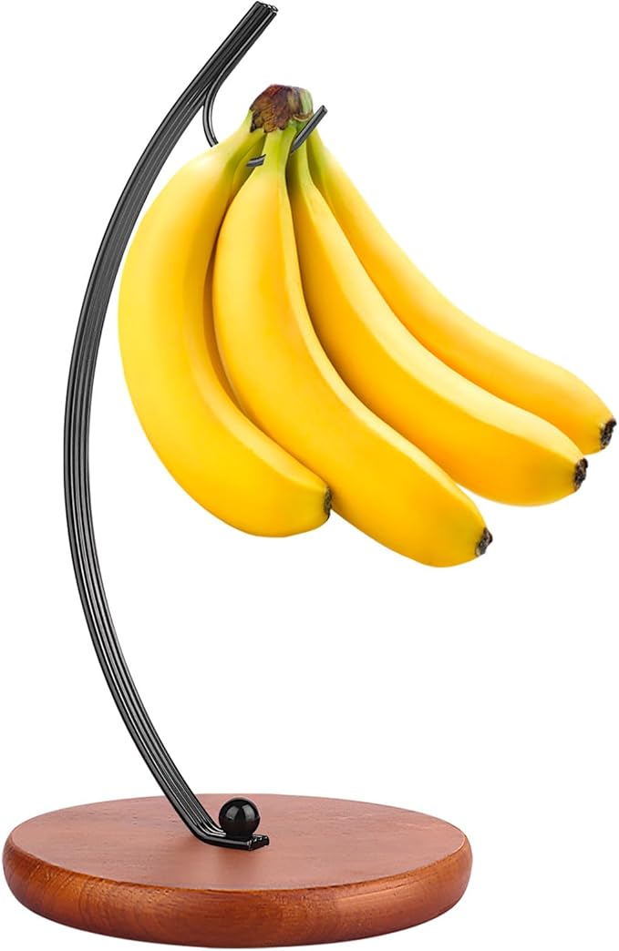 Banana Holder Stand - Modern Banana Hanger Hook, Fruit Bowl, Banana Tree Hanger with Bold Stainless Steel & Thickened Wood Base, Banana Rack for Kitchen Counter (BlackV13)