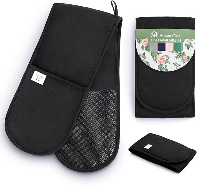 Black Double Oven Gloves Heat Resistant Silicone Oven Mitts Pair | Non-Slip Silicone Oven Gloves Double Oven Mitt | Machine Washable Thick Potholders Home & Kitchen Accessories.