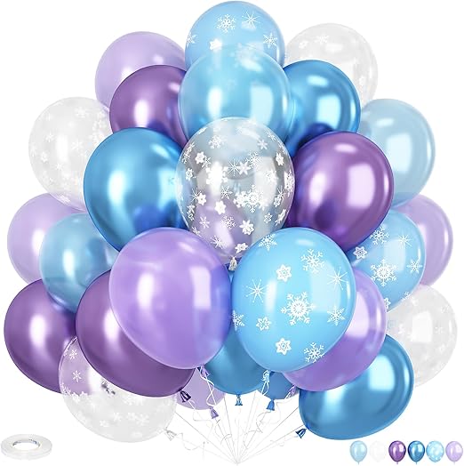 Purple Blue Balloons Decorations, 12 Inch Purple and Blue Party Balloons, Metallic Balloon and Snow Printed Balloon for Girls Snow Birthday Baby Shower Party Supplies