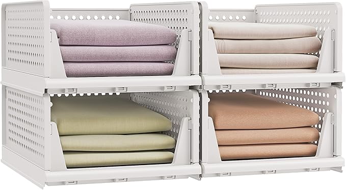 SONGMICS Stackable Wardrobe Storage, Foldable Closet Organiser, Set of 4 Pull-Out Baskets, Closet Storage and Organisation, Bedroom, Office, Bathroom, White LPC400WZ01
