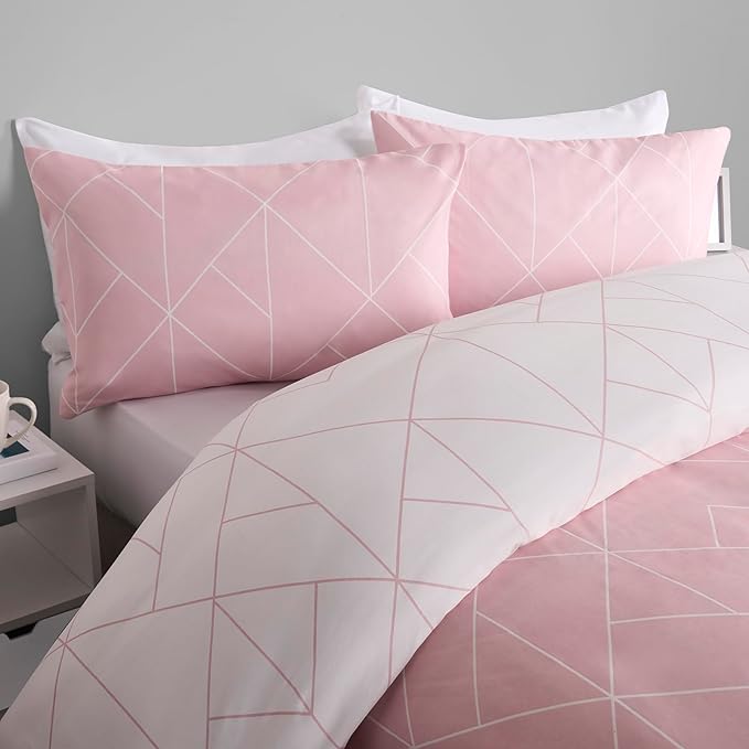 OHS Double Bedding Covers Geometric Print, Ultrasoft Warm Stylish Versatile Geo Modern Minimalist Style Reversible Quilt Duvet Cover Pillowcases Luxury, Blush - Double Duvet