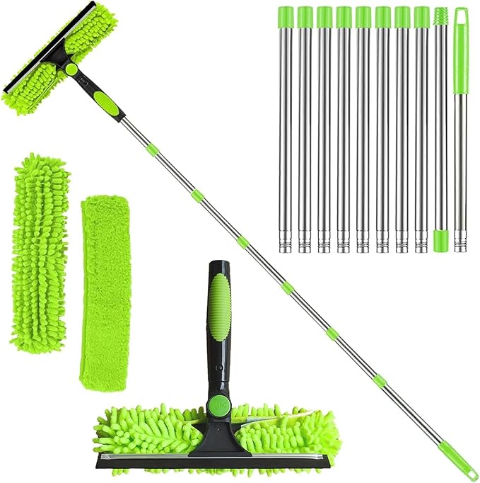 4.5M Window Squeegee Cleaner Tool Kit with Long Handle, 2 in 1 Extendable Window Cleaning Kit with Squeegee and Microfiber Cloth for Indoor/Outdoor High Window, Wall and Car (Green)