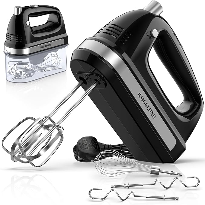 Hand Electric Mixer, 300W Ultra Power Food Kitchen Mixer with 5 Self-Control Speeds + Turbo Boost, 5 Stainless Steel Attachments Handheld Blender for Baking, BLACK