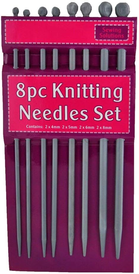 8 Peice Knitting Needle Set. 2 X 4mm. 2 X 5mm. 2 X 6mm. 2 X 8mm. Each Needle is aprox 25cm Long - Packaging May Vary