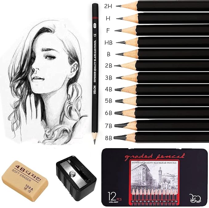 Drawing pencils, professional sketching pencils set for beginner, artist pencils with eraser and sharpener (8B-2H). (14-Count)