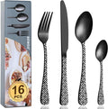 Cutlery Set, BEWOS 16-Piece Matt Black Unique Pattern Design for Gift, Stainless Steel Flatware Set, Silverware Set with Spoon Knife and Fork Set, Service for 4, Dishwasher Safe