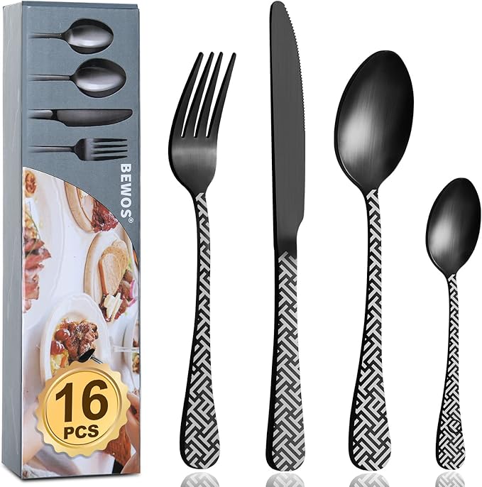 Cutlery Set, BEWOS 16-Piece Matt Black Unique Pattern Design for Gift, Stainless Steel Flatware Set, Silverware Set with Spoon Knife and Fork Set, Service for 4, Dishwasher Safe