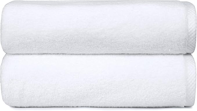 Amazon Basics Towel Set, 100% Cotton Quick-Dry Absorbent Bath Towels, 70x140 cm, White, 2-Pack