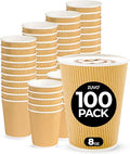 Zuvo Coffee Cups 8 OZ - NO Lids - 100 Disposable Brown Ripple Coffee Cups - Ideal for Takeaways