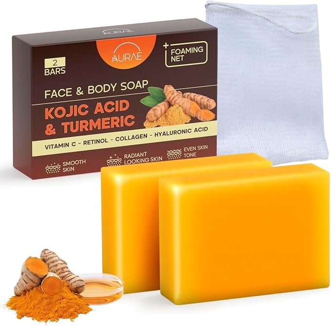 Kojic Acid Soap & Turmeric Soap for Dark Spots, Skin Brightening & Hydrating – Gentle for Face & Body – With Vitamin C, Retinol, Collagen & Hyaluronic Acid – Paraben & SLS Free – (3.5oz x 2 Bars)