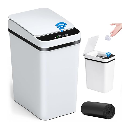 Smart Touchless Bathroom Trash Can 10L Automatic Motion Sensor Rubbish Can with Lid Electric Waterproof Narrow Small Garbage Bin for Kitchen, Office, Toilet, Bedroom with 50pcs Trash bags