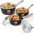 Rainberg Saucepan with Lid, Nonstick Milk Pan Suitable with Induction, Gas and Electric Hobs, Cooking Pot with Pour Spout. (Black, 3PK 16-18 & 20cm)