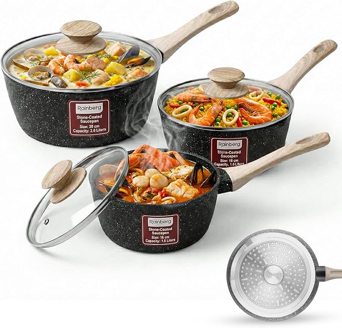 Rainberg Saucepan with Lid, Nonstick Milk Pan Suitable with Induction, Gas and Electric Hobs, Cooking Pot with Pour Spout. (Black, 3PK 16-18 & 20cm)