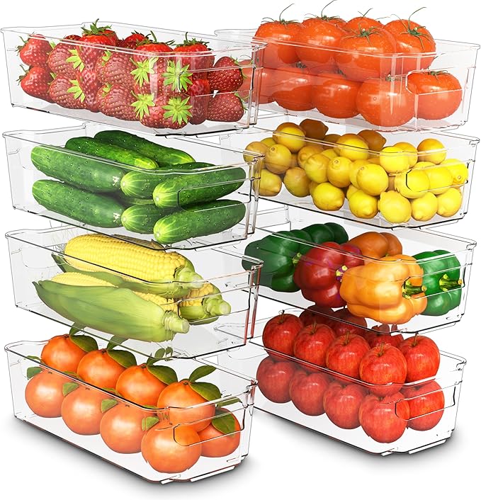 KICHLY Stackable Fridge Organisers - Set of 8 Storage Containers with Handles - Multipurpose Organizer Boxes For Kitchen, Fridge, Cupboard, Snacks, Cans, Tins, Pantry, Under Sink - BPA Free (Clear)