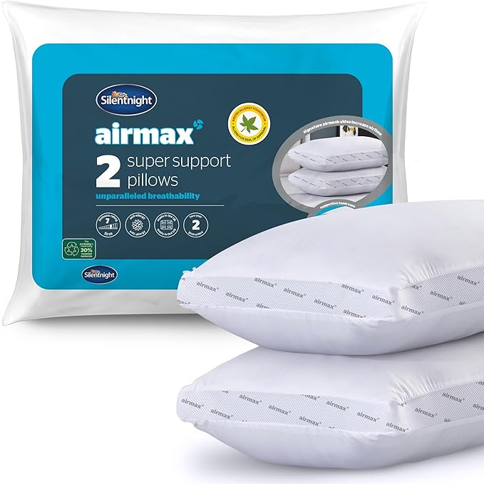 Silentnight Airmax Super Support Pillows, With Foam Core Breathable Cooling Cool Pillows, Hypoallergenic, White, 69 x 46 cm, Pack of 2