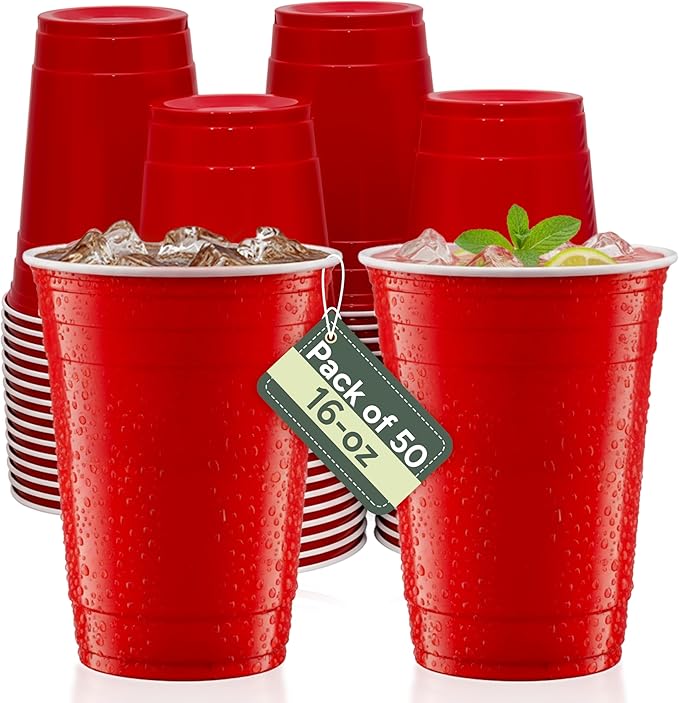 Zuvo Red Party Cups – 16oz Plastic Disposable Cups (Pack of 50) - Durable Red Plastic Cups for Birthdays, Events - Recyclable, Easy to Use, Iconic Party Drinkware
