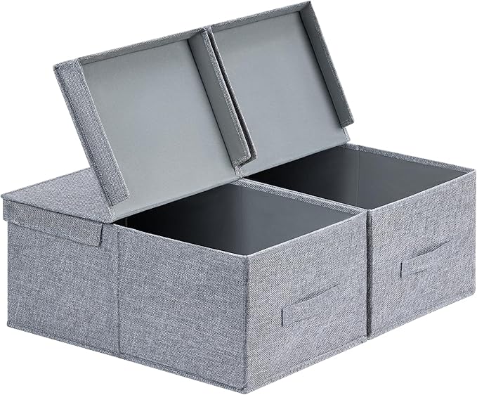 Storage Box with Lids - Large Collapsible Linen Boxes for Shelves, 2 Pack Decorative Storage Basket Wardrobe Organiser for Clothes, XL Grey